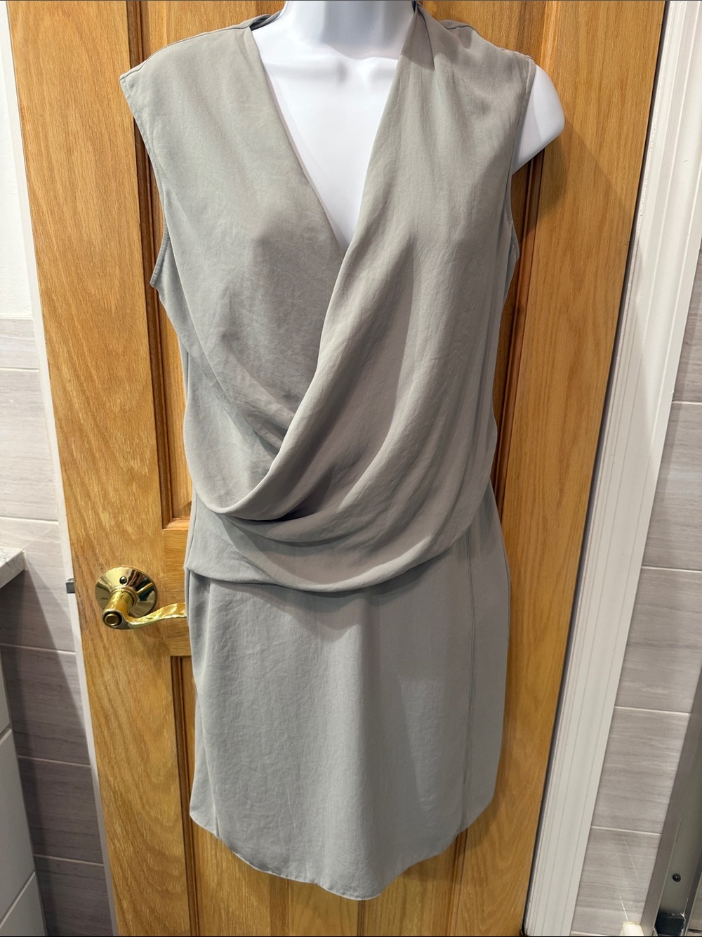 Helmut Lang Draped V-Neck Sleeveless Mini Dress in Light Gray